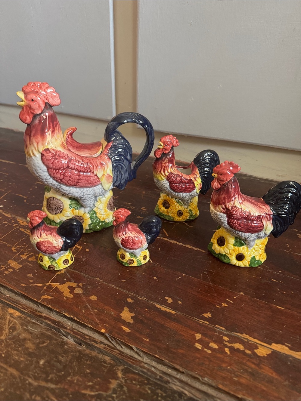 Farmhouse Rooster Ceramic tea pot, salt and pepper shaker, creamer/sugar bowl